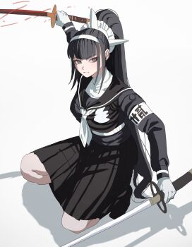 1girl absurdres armband black_hair black_sailor_collar black_serafuku black_skirt bodysuit commentary dual_wielding expressionless eyeliner full_body gloves grey_eyes hairband hashtag-only_commentary highres holding last_defense_academy_school_uniform long_hair looking_at_viewer magadori_kyoshika makeup neckerchief pakimoti ponytail red_eyeliner sailor_collar school_uniform serafuku shadow sideways_glance skirt solo squatting sword the_hundred_line_-last_defense_academy- weapon white_armband white_background white_bodysuit white_gloves white_hairband white_neckerchief