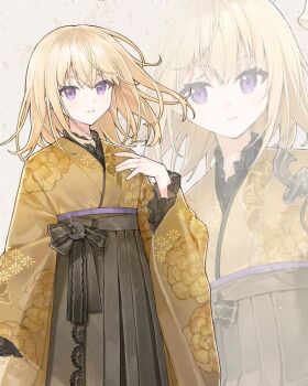 1girl bang_dream! bang_dream!_it's_mygo!!!!! blonde_hair commentary floral_print grey_skirt hand_up hashtag-only_commentary highres japanese_clothes kimono long_sleeves looking_at_viewer medium_hair misumi_uika open_mouth pleated_skirt purple_eyes rudrawong skirt yellow_kimono zoom_layer