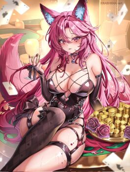 1girl ace_(playing_card) ace_of_clubs ace_of_hearts ace_of_spades animal_ear_fluff animal_ears artist_name bell breasts card champagne_flute cleavage club_(shape) coin commission corrupted_twitter_file cup drinking_glass earrings facial_mark fox_ears fox_girl fox_tail gold_coin hair_between_eyes heart heart_facial_mark highres holding holding_cup indie_virtual_youtuber jewelry krashena long_hair neck_bell pink_eyes pink_hair playing_card single_thighhigh solo spade_(shape) stelfiie tail thighhighs virtual_youtuber