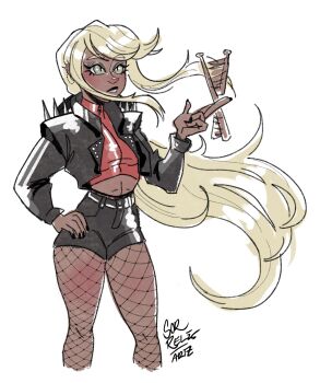 1girl black_jacket black_nails black_short black_skirt blonde_hair dark-skinned_female dark_skin drumsticks ear_piercing earrings female_focus fingernails fishnet_pantyhose fishnets green_eyes hand_on_own_hip highres jacket jewelry kawana_tsubasa long_hair long_sleeves nail_polish pantyhose piercing red_shirt shirt simple_background skirt solo solo_focus spiked_jacket the_hundred_line_-last_defense_academy- white_background zipper_pull_tab