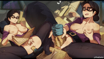 1girl anal anal_object_insertion black-framed_eyewear black_hair black_pantyhose breasts commentary crotchless crotchless_pantyhose dark_areolae dildo english_commentary female_masturbation glasses grabbing_own_breast hair_bun inverted_nipples large_breasts masturbation miss_pauling no_bra no_panties object_insertion off_shoulder open_clothes open_shirt orphen_(pink_seito) pantyhose purple_shirt pussy pussy_juice rabbit_vibrator reading reclining sex_toy shirt short_hair single_hair_bun skirt skirt_around_one_leg solo spread_legs talking_on_phone team_fortress_2 tiptoes torn_clothes torn_pantyhose uncensored updo vaginal vaginal_object_insertion vibrator walkie-talkie wide_spread_legs