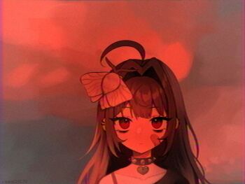 1girl ahoge animal animal_on_head bandaid bandaid_on_cheek bandaid_on_face blurry bug choker commentary creepypasta ear_piercing hair_intakes heart insect long_hair looking_at_viewer moth on_head original piercing portrait red_theme single_off_shoulder solo spiked_choker spikes vickie_(cryingrobot) vickie_(cryingrobot)_(character)