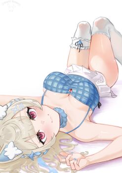 1girl absurdres animal_ear_fluff animal_ears bare_shoulders blonde_hair blue_hair blue_tank_top breasts cleavage commentary dog_ears dog_girl dopeybunni english_commentary frilled_thigh_strap fuwawa_abyssgard fuwawa_abyssgard_(casual) hair_ornament highres hololive hololive_english large_breasts long_hair looking_at_viewer lying miniskirt multicolored_hair on_back pink_eyes simple_background skirt solo streaked_hair tank_top thigh_strap thighhighs virtual_youtuber white_background white_skirt white_thighhighs x_hair_ornament