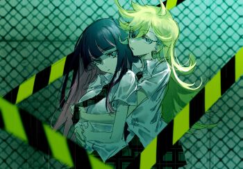2girls black_hair blonde_hair blue_eyes breasts caution_tape chain-link_fence chinese_commentary closed_mouth collared_shirt colored_inner_hair commentary_request fence hand_on_another&#039;s_stomach hand_on_own_stomach highres hime_cut holding_necktie huidu large_breasts long_hair multicolored_hair multiple_girls necktie outdoors panty_&amp;_stocking_with_garterbelt panty_(psg) parted_lips pink_hair plaid_clothes plaid_necktie plaid_skirt rain school_uniform shirt short_sleeves skirt stocking_(psg) two-tone_hair unmoving_pattern variant_set white_shirt