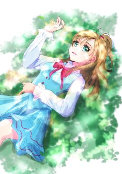 1girl aria_gakuen_school_uniform blue_eyes blue_skirt blue_vest bow bowtie brown_hair commentary dappled_sunlight day dress_shirt from_above highres light_smile long_hair long_sleeves looking_at_viewer lying manekineko5319 medium_skirt minamino_kanade on_back on_ground one_side_up open_mouth outdoors pleated_skirt precure red_bow red_bowtie school_uniform shirt skirt solo suite_precure sunlight two_side_up vest white_shirt