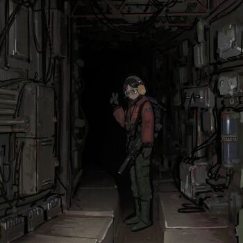 1girl backpack bag black_gloves black_hair bomber_jacket boots cable dark dark_background dark_room ear_protection full_body gloves green_pants green_theme gun_sling highres indoors industrial industrial_pipe jacket light_smile looking_at_viewer notfuji original painterly pants parted_bangs red_jacket rubber_boots safety_glasses solo standing v weapon_request wide_shot