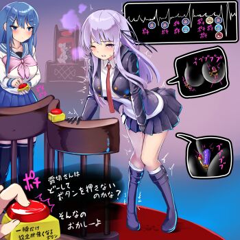 2girls asahina_aoi black_gloves black_jacket black_skirt blue_eyes blue_hair blue_skirt blush commentary_request danganronpa:_trigger_happy_havoc danganronpa_(series) dildo egg_vibrator full_body gloves highres jacket kirigiri_kyoko long_hair maizono_sayaka miniskirt monikano monokuma multiple_girls multiple_views naegi_makoto nipple_stimulation object_insertion one_eye_closed pleated_skirt pov pressing_button purple_eyes purple_hair pussy_juice sex_toy shirt skirt solo_focus standing translation_request trembling vaginal vaginal_object_insertion vibrator white_shirt yamada_hifumi