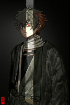 1boy absurdres bags_under_eyes black_background black_hair commentary_request crack_of_light highres hizen_tadahiro japanese_clothes long_sleeves looking_at_viewer male_focus parted_lips red_eyes short_hair signature solo touken_ranbu umeboitarou upper_body