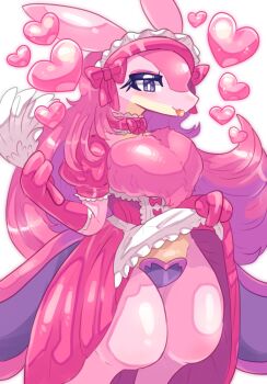 animal_ears animal_hands bow clothes_lift collar creature dress eyelashes eyeshadow furry furry_female gloves heart highres holding long_hair lovander makeup murasakigezi neck_ruff palworld pink_dress pink_fur puffy_sleeves purple_eyes skirt skirt_lift tongue tongue_out white_background