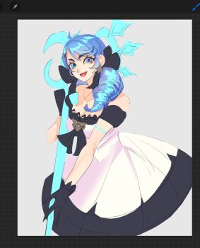 Rule 34 | 1girl, :d, ahoge, bare shoulders, black bow, black dress, black gloves, blue hair, bow, breasts, cleavage, commentary request, dress, drill hair, gloves, grey background, gwen (league of legends), hair bow, highres, korean commentary, league of legends, long hair, open mouth, ppyongppyong (j4 xfxr), puffy short sleeves, puffy sleeves, short sleeves, smile, solo, twin drills, twintails, white dress