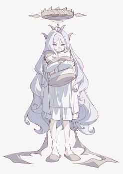 1girl blue_archive demon_girl demon_horns demon_wings dress halo hina_(blue_archive) hina_(pajamas)_(blue_archive) horns long_hair ozorano_megane simple_background solo twitter white_background wings