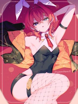 1girl ange_katrina animal_ear_hairband animal_ears arm_strap armpit_focus armpits arms_up ayuko_ammobium black_jacket black_shirt black_shorts black_thighhighs blue_eyes blurry breasts collared_shirt commentary crossed_bangs depth_of_field earrings english_commentary fake_animal_ears feet_out_of_frame fishnet_thighhighs fishnets from_above gold_earrings gradient_eyes hair_between_eyes hair_intakes hair_ornament hairband halter_shirt halterneck highres jacket jacket_partially_removed jewelry knee_up layered_shirt light_particles long_bangs long_sleeves looking_at_viewer looking_up lying medium_hair multicolored_eyes necktie nijisanji nontraditional_playboy_bunny official_alternate_costume on_back open_mouth orange_jacket purple_eyes quilted_jacket rabbit_ear_hairband rabbit_ears red_background red_hair red_necktie shirt short_necktie shorts single_earring single_thighhigh sleeveless sleeveless_shirt small_breasts solo thighhighs triangle_earrings triangle_hair_ornament twitter_username two-sided_fabric two-sided_jacket virtual_youtuber white_shirt