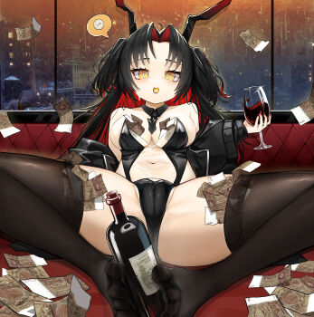 1girl :o absurdres arm_behind_back azur_lane bare_shoulders between_legs black_hair black_jacket black_leotard black_thighhighs breasts cameltoe clothes_pull commentary_request cup detached_collar drinking_glass from_below full_body hand_up highres holding_with_feet indoors jacket jacket_pull knees_together_feet_apart legs leotard long_hair looking_at_viewer looking_down lying medium_breasts money multicolored_hair navel no_shoes off_shoulder on_back open_clothes open_jacket presenting red_hair revealing_clothes see-through_clothes see-through_leotard see-through_midriff skin_tight slit_pupils solo speech_bubble spread_legs thighhighs tucked_money two-tone_hair very_long_hair wine_glass xinggong_shili yellow_eyes z52_(azur_lane) z52_(the_rapid_rabbit)_(azur_lane)