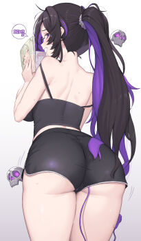 1girl absurdres ass ass_focus black_camisole black_hair black_shorts blush book cameltoe camisole cloba colored_inner_hair commentary_request dolphin_shorts doro_(nikke) dorothy_(nikke) double_strap_slip egg_vibrator from_behind from_below glasses goddess_of_victory:_nikke hair_ornament hair_scrunchie highres holding holding_book huge_ass label_(nikke) long_hair looking_at_viewer looking_back manga_(object) midriff multicolored_hair nape open_mouth ponytail purple_hair scrunchie sex_toy short_shorts shorts simple_background skull smile solo strap_slip sweat thick_thighs thighs vibrator vibrator_under_clothes white_background