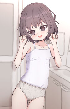 1girl animal_print bathroom blush brown_eyes brown_hair camisole cat_print collarbone crotch_seam door flat_chest grey_panties loli looking_at_viewer open_mouth original panties paw_pose print_panties shooko short_hair sink smile standing underwear white_camisole