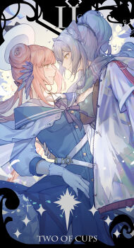 Rule 34 | 2girls, absurdres, animal ear fluff, animal ears, arknights, belt, black bow, blue dress, blush, bow, breast press, card (medium), cat ears, cat girl, ceylon (arknights), chinese commentary, commentary, crop top, dress, earclip, earpiece, english commentary, face-to-face, floating hat, frilled skirt, frills, gloves, grey hair, grey scarf, hair bun, half updo, hand on another's back, hat, hat bow, hexagram, high ponytail, highres, hug, jacket, kotatsu kaya, layered skirt, midriff, minor arcana (tarot), mixed-language commentary, multiple girls, navel, neckerchief, open clothes, open jacket, pink hair, ponytail, profile, purple neckerchief, sailor dress, scarf, schwarz (arknights), see-through clothes, see-through jacket, simple bird, skirt, smile, star of david, tarot, white belt, white gloves, white hat, white jacket, yellow eyes, zipper