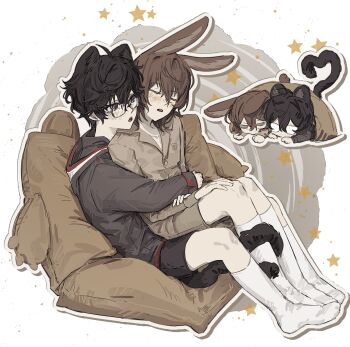 2boys akechi_gorou amamiya_ren animal_ears arms_around_waist bean_bag_chair black_hair black_hoodie blush brown_eyes brown_hair brown_jacket brown_shorts cat_boy cat_ears cat_tail chibi chibi_inset closed_eyes full_body glasses hair_between_eyes hashtag-only_commentary highres hood hood_down hoodie jacket kemonomimi_mode kneehighs long_sleeves male_focus medium_hair multiple_boys persona persona_5 rabbit_boy rabbit_ears rabbit_tail radonl9 short_hair shorts sitting sitting_on_lap sitting_on_person sleeping sleeve_cuffs socks tail yaoi