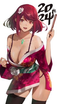 1girl 2024 :d black_thighhighs bob_cut bra breasts cleavage commentary core_crystal_(xenoblade) english_commentary female_focus flower folded_fan folding_fan frilled_bra frilled_panties frills hair_flower hair_ornament hand_fan highres holding holding_fan j@ck japanese_clothes kimono large_breasts lingerie looking_at_viewer matching_hair/eyes new_year obi off_shoulder open_mouth panties panty_peek purple_bra purple_panties pyra_(xenoblade) red_eyes red_hair red_kimono sash short_hair short_kimono smile solo swept_bangs thighhighs underwear white_background white_flower xenoblade_chronicles_(series) xenoblade_chronicles_2