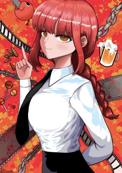 1girl alcohol arm_behind_back beer black_necktie braid breasts bullet candy chainsaw chainsaw_man commentary_request food highres large_breasts lollipop long_hair looking_at_viewer makima_(chainsaw_man) necktie orange_eyes pochita_(chainsaw_man) red_hair ringed_eyes roemon smile solo