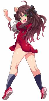 1girl ahoge ankle_socks arima_miyako arms_up ass black_ribbon black_socks blush brown_hair chinese_clothes coat commentary_request from_behind green-eyes haiir_between_eyes hair_ornament highres karukan_(monjya) long_hair looking_at_viewer melty_blood melty_blood:_type_lumina no_panties open_mouth pink_shoes red_coat ribbon shoes simple_background sleeves_rolled_up smile socks solo tangzhuang teeth thick-thighs tsukihime tsukihime_(remake) upper_teeth_only white_background