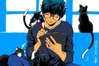 Rule 34 | 1boy, amamiya ren, black hair, blue background, blue hair, book, casual, cat, cat paw, closed eyes, glasses, male focus, morgana (cat) (persona 5), morgana (persona 5), multiple cats, pencil, persona, persona 5, saitou rokuro, solo, tail, tail wagging, wavy hair, writing