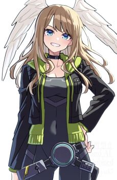 Rule 34 | 1girl, black bodysuit, black jacket, blonde hair, blue eyes, bodysuit, breast tattoo, breasts, commentary, covered navel, cowboy shot, eunie (xenoblade), green hoodie, grin, hand on own hip, head wings, hood, hoodie, jacket, large breasts, leather, leather jacket, looking at viewer, open clothes, open hoodie, open jacket, shinae, simple background, smile, solo, tattoo, white background, white wings, wings, xenoblade chronicles (series), xenoblade chronicles 3