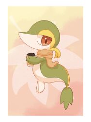 Rule 34 | brown eyes, closed mouth, creatures (company), cup, game freak, gen 5 pokemon, half-closed eyes, holding, nintendo, no humans, pokemon, pokemon (creature), signature, snivy, solo, tail