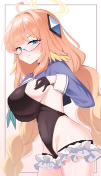 1girl absurdres ahoge aqua_neckerchief black_gloves black_leotard blue_archive blue_eyes blue_shrug blush braid breasts commentary_request feather_hair frilled_thigh_strap glasses gloves half_gloves halo highres korean_commentary large_breasts leotard long_hair looking_at_viewer neckerchief official_alternate_costume orange_hair peeeeee5765 shimiko_(blue_archive) shimiko_(magical)_(blue_archive) shrug_(clothing) simple_background solo thigh_strap thighs twin_braids very_long_hair white_background yellow_halo