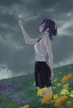 1girl absurdres black_skirt breasts chainsaw_man cloud commentary crying english_commentary field flower from_side green_eyes hair_bun highres holding holding_flower horizon looking_at_object outdoors overcast pencil_skirt purple_flower purple_hair rain reze_(chainsaw_man) shirt side_slit single_hair_bun skirt sky small_breasts solo standing streaming_tears succducc888 tears white_shirt yellow_flower