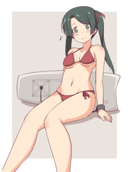 1girl alternate_breast_size_(larger) bikini blush border breasts collarbone commentary_request covered_erect_nipples eighth_note feet_out_of_frame green_eyes green_hair grey_background kantai_collection kickboard kugui_kiyunemu long_hair looking_at_viewer medium_breasts mikuma_(2016_swimsuit)_(kancolle) mikuma_(kancolle) musical_note navel official_alternate_costume outside_border parted_bangs red_bikini shadow side-tie_bikini_bottom sidelocks simple_background sitting smile solo stomach string_bikini surfboard_leash swimsuit twintails white_border