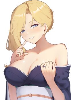 1girl absurdres azur_lane bare_shoulders blonde_hair blue_eyes blue_flower blue_kimono breasts cleavage commission finger_to_mouth flower grin highres holding hood_(azur_lane) hood_(porcelain_grace)_(azur_lane) japanese_clothes jewelry kimono long_hair long_sleeves nyle404 obi official_alternate_costume ring sash simple_background smile solo teasing upper_body vgen_commission wedding_ring white_background