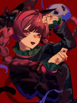 1girl absurdres animal_ears black_dress cat_ears cat_girl cat_tail chitose800 commentary_request dress highres hitodama kaenbyou_rin long_sleeves looking_at_viewer multiple_tails open_mouth red_background red_eyes simple_background solo tail teeth touhou two_tails upper_body upper_teeth_only