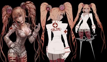 1girl absurdres armband blonde_hair breasts choker cleavage cowboy_shot cross dress eyeball_hair_ornament full_body gloves hair_between_eyes hand_on_own_wrist heterochromia high_ponytail highres lobearta long_hair mark_under_both_eyes mechanical_legs medium_breasts narrow_waist nurse ok_sign original pointy_ears ponytail red_cross red_cross_armband red_eyes reference_sheet short_dress sidelocks sleeve_cuffs slit_pupils smile solo stitched_clothes syringe tendril tight_clothes tight_dress twintails white_gloves yellow_eyes