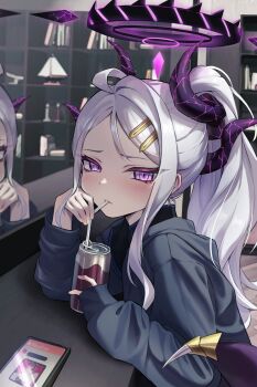 2girls absurdres ahoge blue_archive blush can cellphone demon_horns drink_can drinking_straw grey_jacket hair_ornament hairclip halo highres hina_(blue_archive) horns iroha_(blue_archive) jacket light_censor long_hair looking_at_viewer multiple_girls multiple_horns parted_bangs phone ponytail purple_eyes smartphone very_long_hair white_hair yyfuu