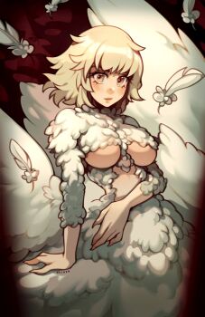 1girl artist_name blonde_hair body_fur breasts chimera closed_mouth commentary dungeon_meshi falin_touden falin_touden_(chimera) feathered_wings feathers highres large_breasts light_blush looking_at_viewer monster_girl oxcoxa short_hair solo underboob white_feathers wings yellow_eyes