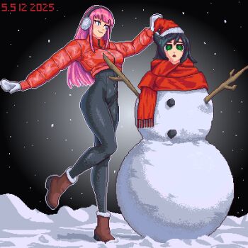 2girls bags_under_eyes black_hair blunt_bangs blush breasts cleavage dated earmuffs hair_between_eyes hat katou_asuka kuroki_tomoko large_breasts long_hair mittens multiple_girls navel open_mouth pink_hair pixel_art red_scarf santa_hat santiagodraws scarf shoes signature smile snow snowing snowman watashi_ga_motenai_no_wa_dou_kangaetemo_omaera_ga_warui! winter winter_clothes yuri