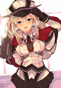 1girl adjusting_clothes adjusting_headwear anchor aqua_eyes black_gloves blonde_hair breasts capelet celtic_knot coffee_pot cross female_focus gloves gradient_background graf_zeppelin_(kancolle) green_eyes hair_between_eyes hat highres indoors iron_cross kantai_collection long_hair long_sleeves looking_at_viewer medium_breasts military military_hat military_uniform miniskirt mizuyoukan_(mikususannda) necktie open_mouth pantyhose peaked_cap sidelocks skirt smile solo standing twintails white_hat window yellow_background