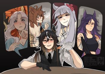 5girls alcohol asymmetrical_gloves bandaged_arm bandages black_gloves black_hair black_sweater_vest blush breasts cigarette cleavage commentary cup de_laroche_(racehorse) dear_wink_(racehorse) drinking_glass drunk empty_eyes english_commentary gloves heart heart-shaped_pupils highres image_in_speech_bubble lucesamaaa medium_breasts mismatched_gloves multicolored_hair multiple_girls necktie nude orange_hair oriental_art_(racehorse) point_flag_(racehorse) purple_hair scar scar_on_face shirt shot_glass sleeves_rolled_up smoke smoking stay_gold_(umamusume) sweater_vest symbol-shaped_pupils two-tone_hair umamusume water white_gloves white_hair white_shirt