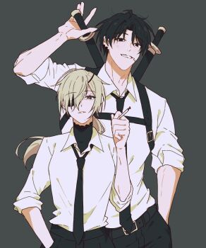 1boy 1girl belt_buckle black_eyes black_hair black_necktie black_pants blonde_hair buckle chainsaw_man cigarette commentary_request dalsan110 eyepatch grey_background hand_in_pocket hand_up height_difference high_collar highres holding holding_cigarette kishibe_(chainsaw_man) korean_commentary long_hair looking_at_viewer necktie pants ponytail quanxi_(chainsaw_man) red_eyes shirt short_hair simple_background smile smoking sword sword_on_back upper_body weapon weapon_on_back white_shirt