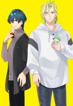 2boys alternate_costume black_jacket black_pants blonde_hair blue_eyes character_charm charm_(object) closed_mouth dimitri_alexandre_blaiddyd dimitri_alexandre_blaiddyd_(timeskip) edelgard_von_hresvelg edelgard_von_hresvelg_(timeskip) female_byleth_(awakened)_(fire_emblem) female_byleth_(fire_emblem) fire_emblem fire_emblem:_three_houses forehead grey_sweater hand_on_own_hip highres holding holding_charm hood hoodie jacket lala_(yamada_goroku) long_sleeves male_byleth_(fire_emblem) male_focus multiple_boys nintendo open_clothes open_jacket pants short_hair smile sweater turtleneck turtleneck_sweater white_hoodie