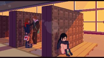 1boy 2girls animated animated_gif arms_behind_back bag black_hair black_jacket black_socks blinking breathing_(animated) getabako jacket jealous laughing long_hair looping_animation multiple_girls muscat_dot original pixel_art red_scarf scarf short_hair skirt socks