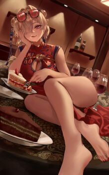 1girl barefoot blonde_hair bottle breasts cake china_dress chinese_clothes cleavage cleavage_cutout clothing_cutout commentary_request cup dress drinking_glass eyewear_on_head floral_print floral_print_dress food food_on_face fork hair_over_one_eye highres holding holding_fork looking_at_viewer lying nail_polish on_side on_table plate print_dress purple_eyes red-tinted_eyewear red_dress red_nails short_hair sleeveless sleeveless_dress solo sweety_(zenless_zone_zero) table tinted_eyewear toenail_polish toenails tongue tongue_out wine_bottle wine_glass yjjwonm zenless_zone_zero