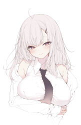 Rule 34 | 1girl, ahoge, arm under breasts, black bow, black bowtie, blush, bow, bowtie, breasts, closed mouth, commentary, cropped arm, cropped torso, gradient eyes, hair ornament, hairclip, highres, holding own arm, large breasts, long hair, looking at viewer, multicolored eyes, off shoulder, original, purple eyes, simple background, solo, symbol-only commentary, white background, white hair, yuui hutabakirage