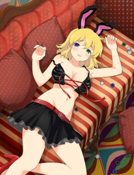 1girl :3 ahoge animal_ears armpit_crease belt belt_buckle black_bra black_skirt blonde_hair blue_eyes blush bra breasts buckle cleavage collarbone couch green_eyes grey_skirt groin hair_between_eyes heterochromia high_heels indoors large_breasts layered_skirt linea_alba lying miniskirt navel non-web_source official_art on_back on_couch open_mouth pillow playboy_bunny poker_chip polka_dot rabbit_ears red_belt red_shoes ryouna_(senran_kagura) senran_kagura senran_kagura_new_wave senran_kagura_shinovi_versus shiny_skin shoes short_hair skirt smile solo strap_slip underwear