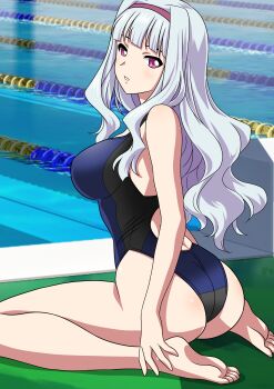 1girl absurdres ass barefoot black_one-piece_swimsuit commentary_request commission competition_swimsuit grey_hair hairband highres idolmaster lane_line long_hair looking_at_viewer looking_back one-piece_swimsuit pixiv_commission pool poolside racerback red_eyes red_hairband shijou_takane sitting solo swimsuit wariza yuuyuu_(3jjbn)