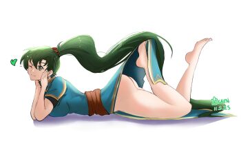 1girl ass barefoot feet fire_emblem green_eyes green_hair heart legs_up long_hair lying lyndis_(fire_emblem) nintendo on_stomach one_eye_closed smile wink yoltablaze