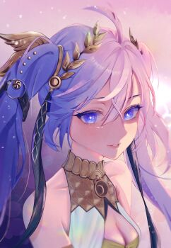 0_tsunamayo_0 1girl absurdres ahoge bare_shoulders blue_eyes blue_hair blush breasts cleavage commentary highres iuno_(wuthering_waves) laurel_crown looking_at_viewer medium_breasts parted_lips portrait smile solo twintails wuthering_waves