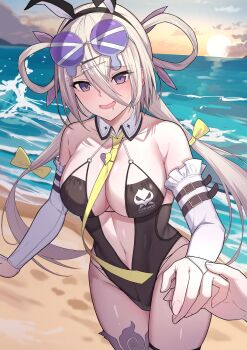 1girl animal_ears bare_shoulders beach black_one-piece_swimsuit blush breasts cleavage detached_collar detached_sleeves eyewear_on_head fake_animal_ears fate/grand_order fate_(series) grey_hair hair_between_eyes hair_ornament hair_rings hairclip highleg highleg_one-piece_swimsuit highres holding_hands huyan_zhuo_(fate) huyan_zhuo_(swimsuit_berserker)_(fate) large_breasts long_hair looking_at_viewer low_twintails natu_zame navel necktie one-piece_swimsuit plunging_neckline purple_eyes shore solo_focus sunglasses swimsuit thigh_strap thighs twintails very_long_hair