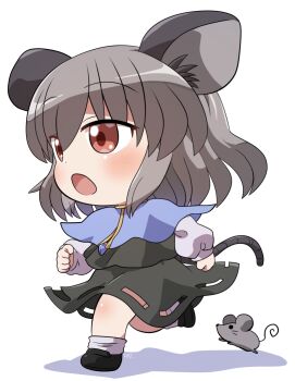 1girl :o animal_ears black_dress black_shoes blue_capelet blush capelet chibi chibi_only commentary_request dress full_body grey_hair highres jewelry long_sleeves mouse_(animal) mouse_ears mouse_girl mouse_tail nazrin necklace open_mouth red_eyes rokugou_daisuke shoes short_hair signature simple_background socks solo standing standing_on_one_leg tail touhou white_background white_socks