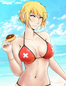 Rule 34 | 1girl, absurdres, beach, bikini, blonde hair, bracelet, breasts, cleavage, day, donut, female focus, flag print, food, highres, j adsen, jewelry, kiss-shot acerola-orion heart-under-blade, lifeguard, looking at viewer, monogatari (series), navel, oshino shinobu, pointy ears, short hair, solo, swimsuit, swiss flag, yellow eyes